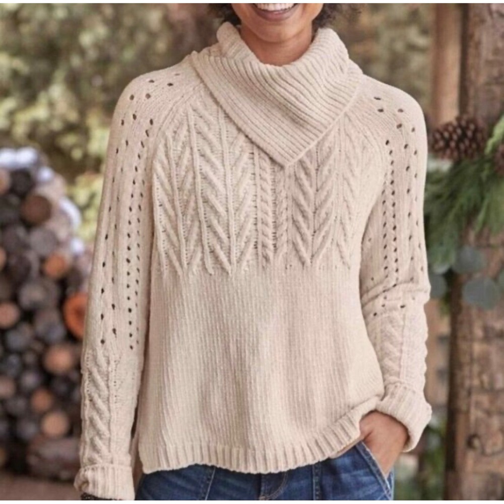 Sundance Cream Chenille Cable Knit Cowl Neck Sweater Womens Medium Ivory Boho